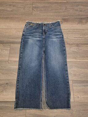 Vintage l.e.i. Denim Maxi Skirt with Front Slit – Medium Wash Raw Hem Size 3